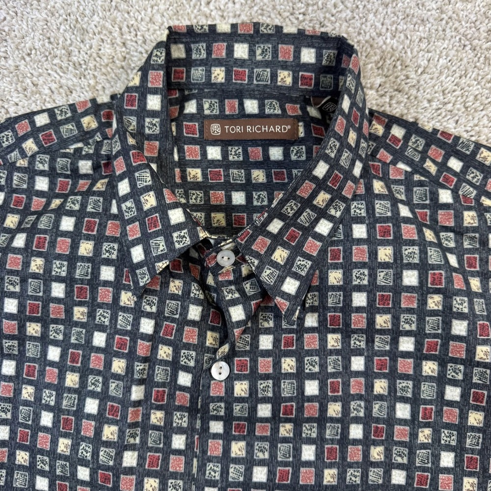 Tori Richard Mens Large Cotton Lawn Shirt Made in Hawaii Geometric Square Print